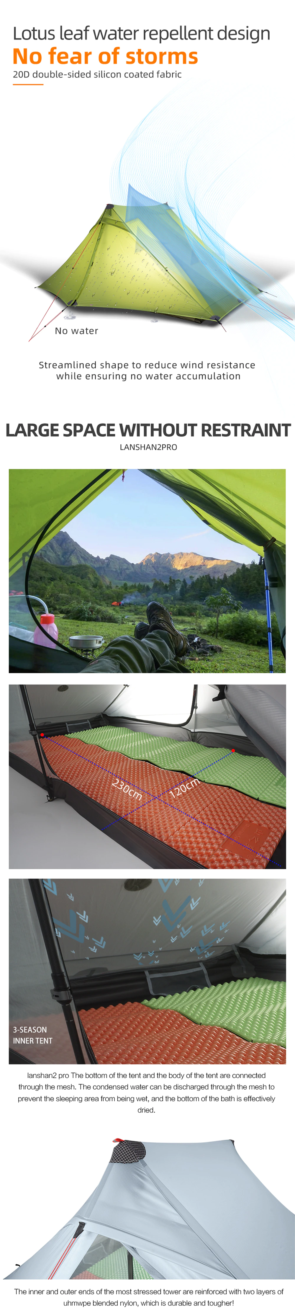 Cheap Goat Tents 3F UL GEAR LanShan 2 pro Tent 2 Person Outdoor Ultralight Camping Tent 3 Season Professional 20D Nylon Both Sides Silicon Tent Tents 